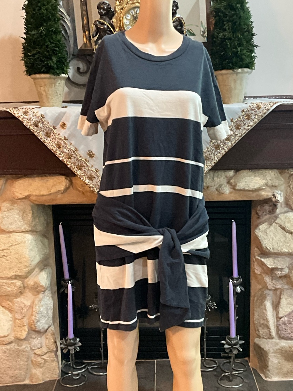 AllSaints Gray and cream Chan Striped Tie-Front Dress S